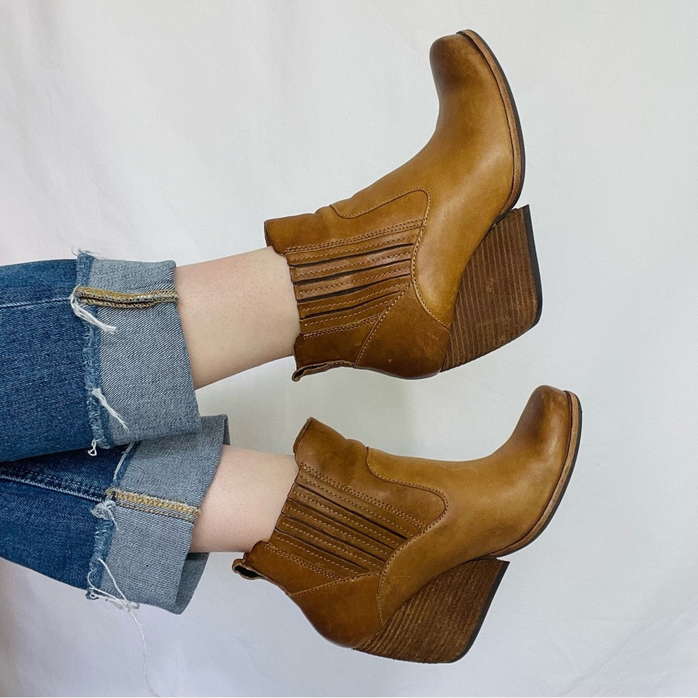Kork-Ease | Orangey Brown Leather Western Wedge Heeled Booties Ankle Boots